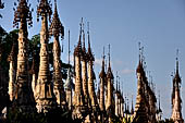 Rows of stupas in the Kakku (Kekku) Pagoda complex. The complex was kept hidden from the rest of the world until 2002 when it was opened to foreigners. Shan State, Burma (Myanmar). 